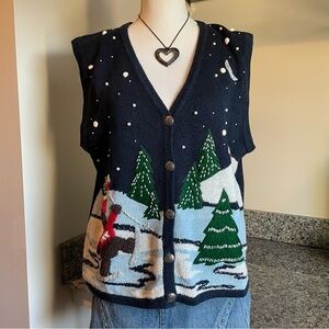 Vintage Winter Snow Bear Skiing Large Sleeveless Beaded Knit Sweater Vest